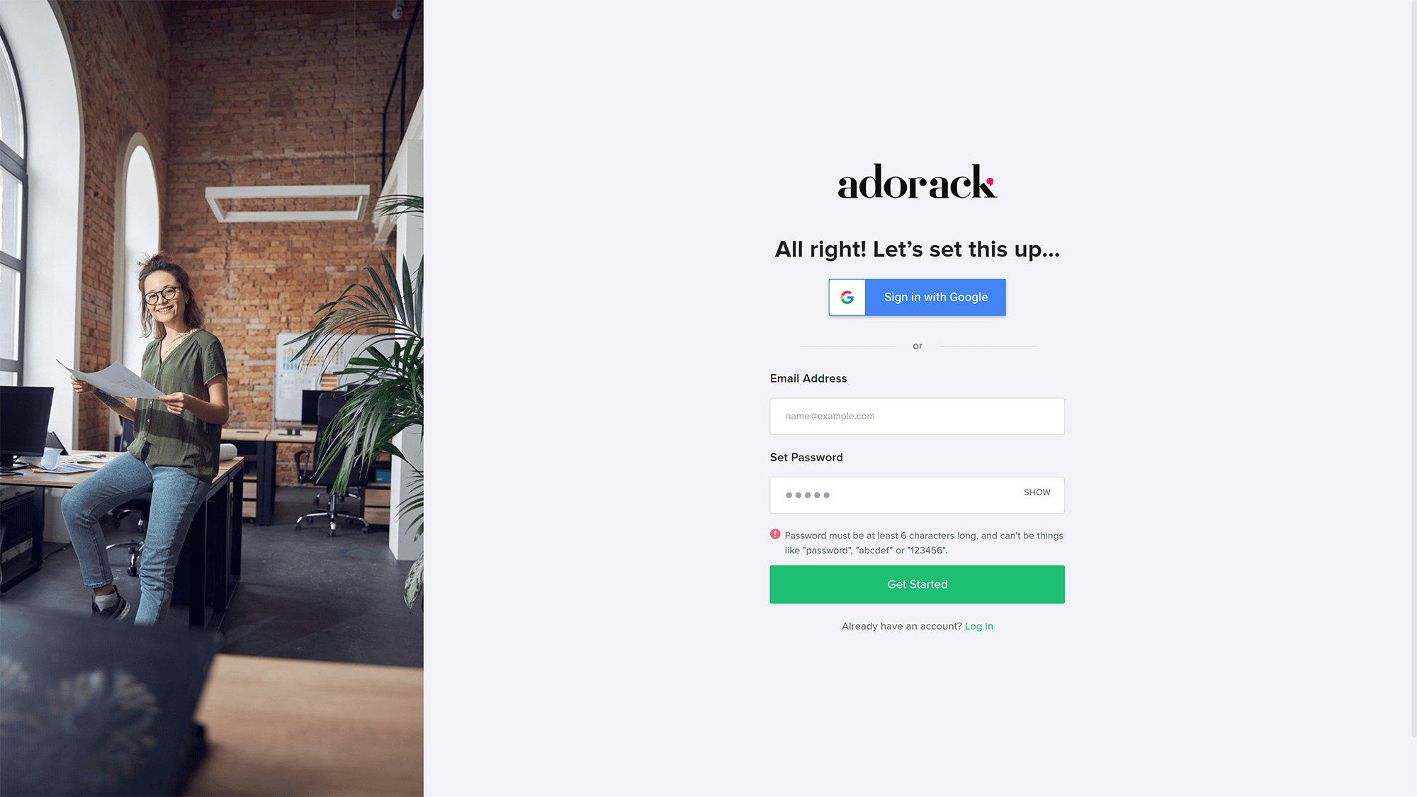 Adorack Sign Up Page