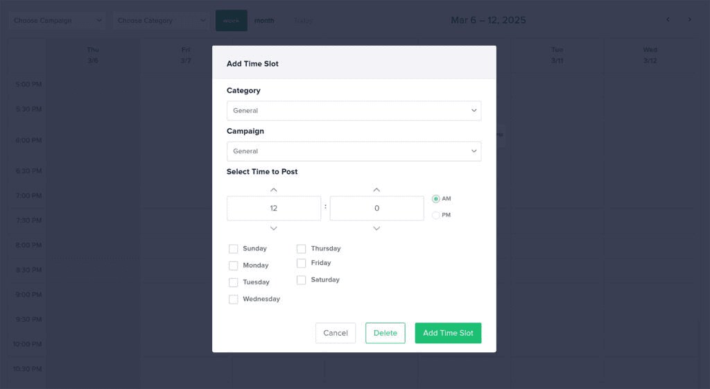 Create Category Time slot