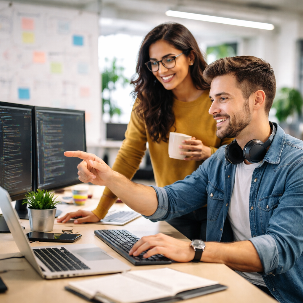 Working with social media management software at desk