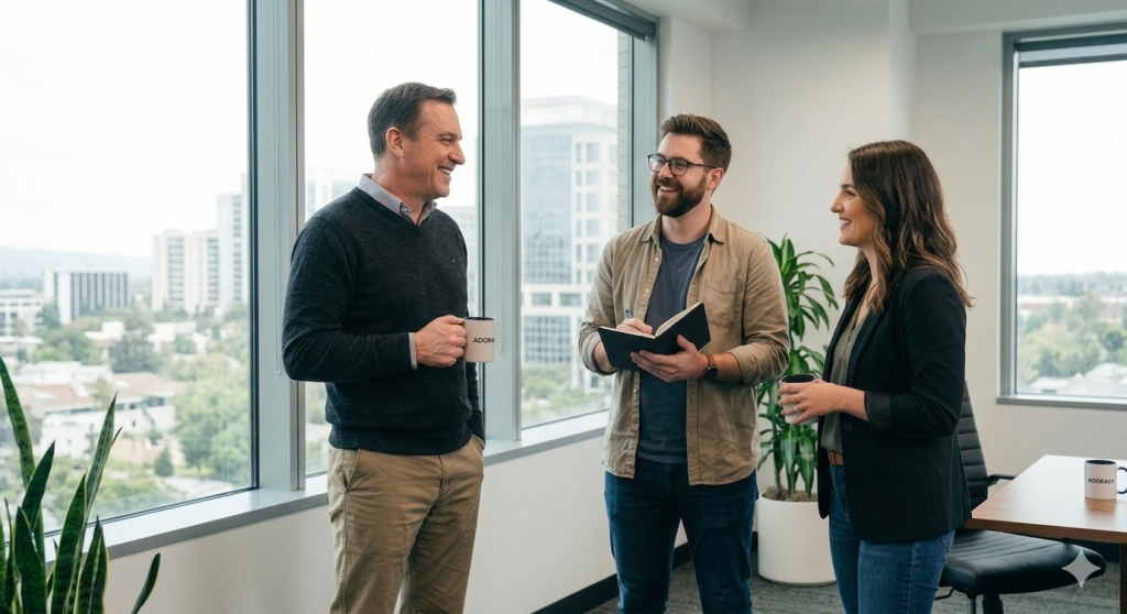 Team collaboration at Adorack office using social media management software