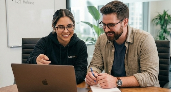 Adorack employees collaborating on social media campaigns