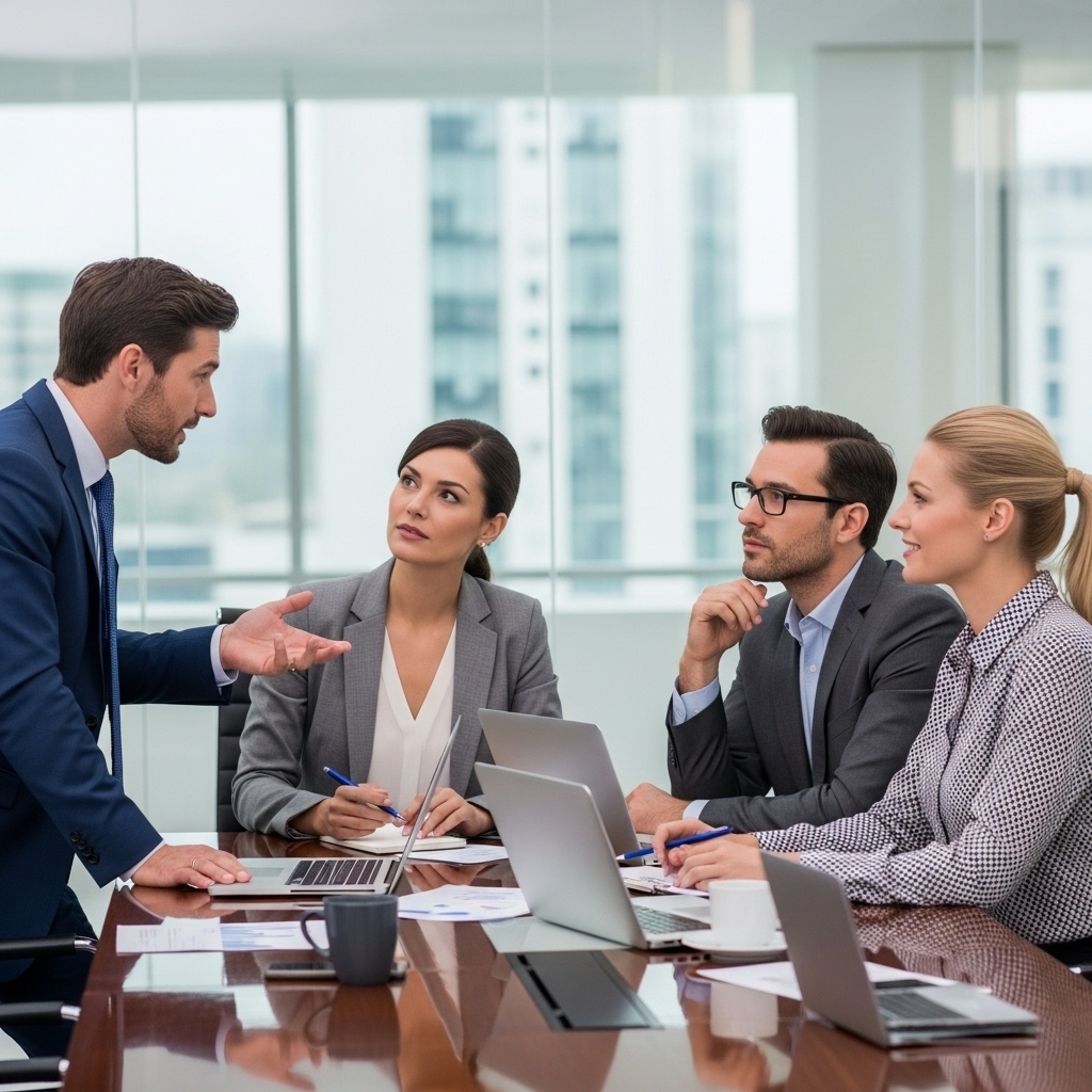 Business team using social media management tool in meeting
